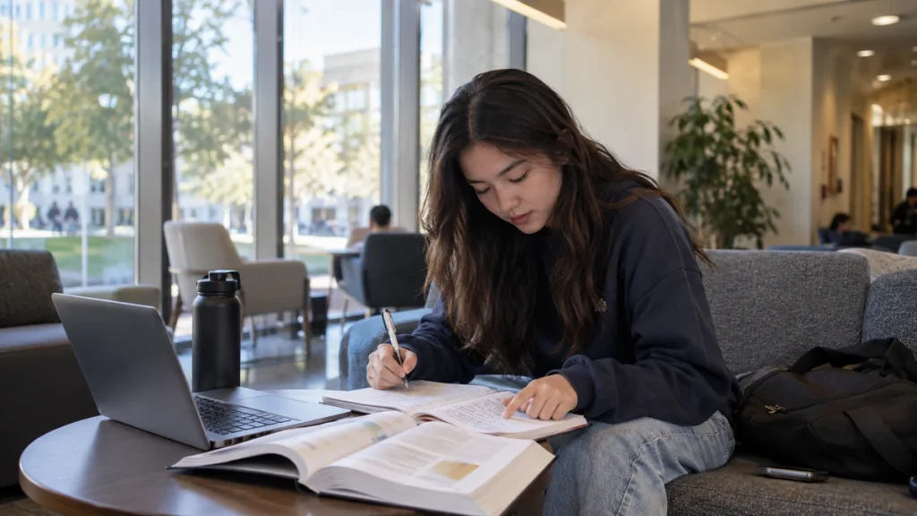 Student studying with notebook and laptop in a bright lounge space while reviewing notes