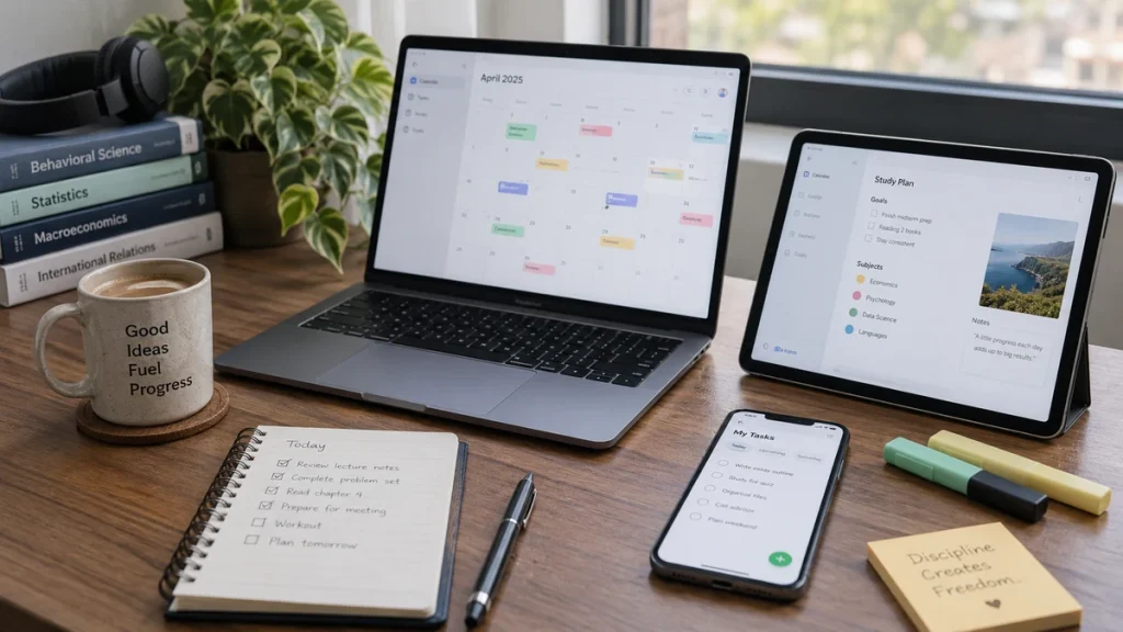 Modern student productivity desk with laptop, tablet, phone, notebook, and digital planning tools