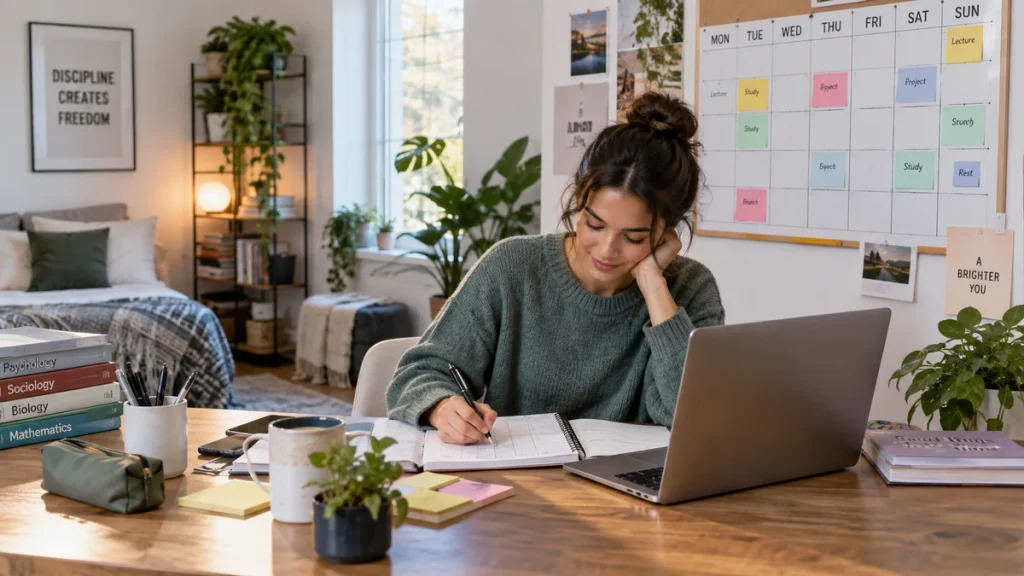 Student planning a weekly study schedule at an organized desk with laptop and calendar board