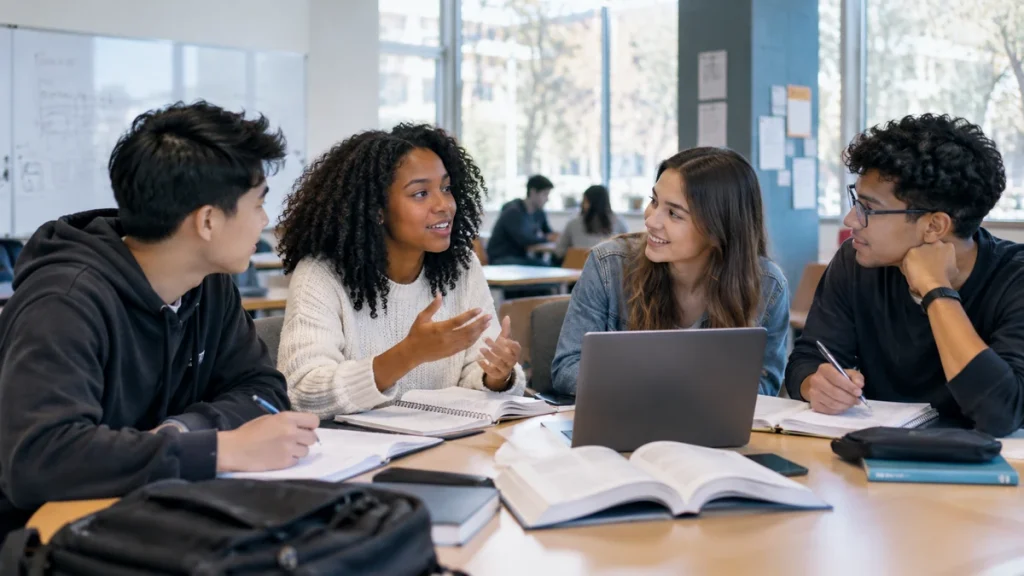 Small group of students discussing notes and studying together around a table