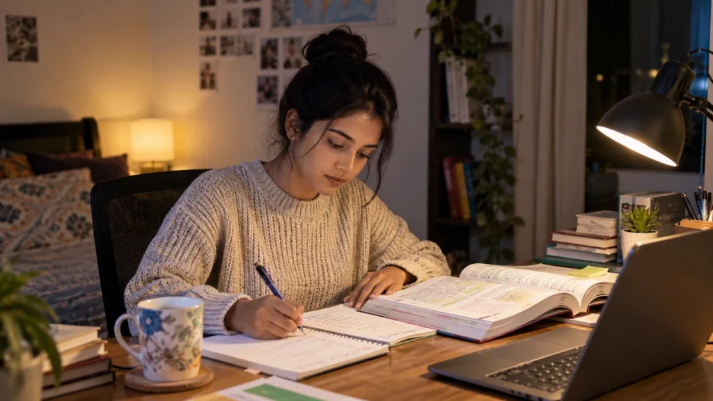 Student studying in a warm evening workspace with open textbook, notebook, and laptop