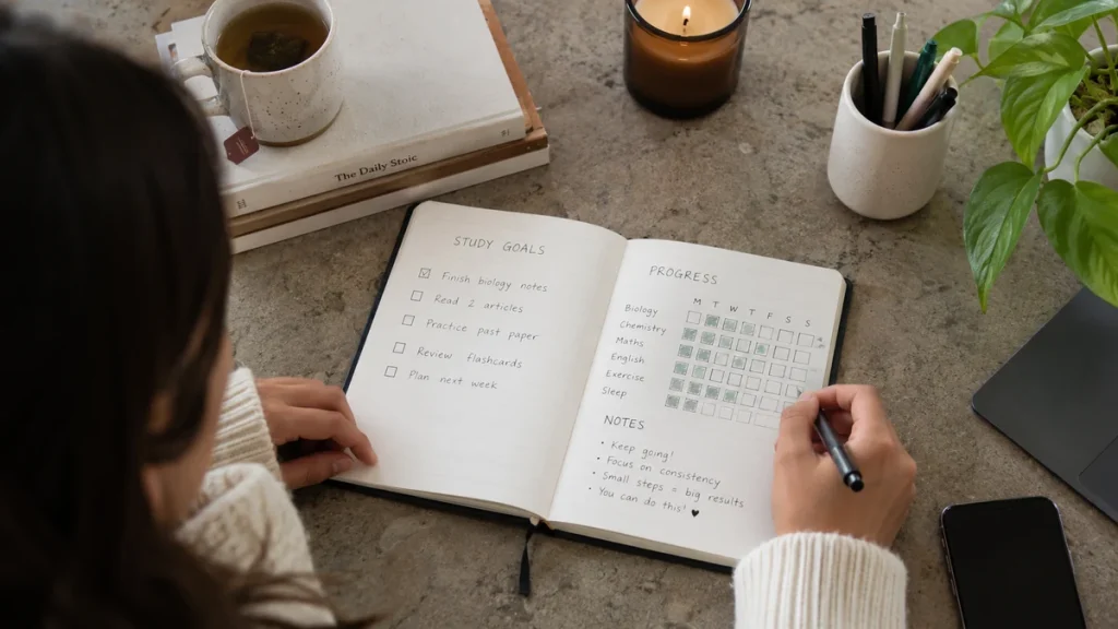 Overhead view of a student writing study goals and weekly progress in a planner