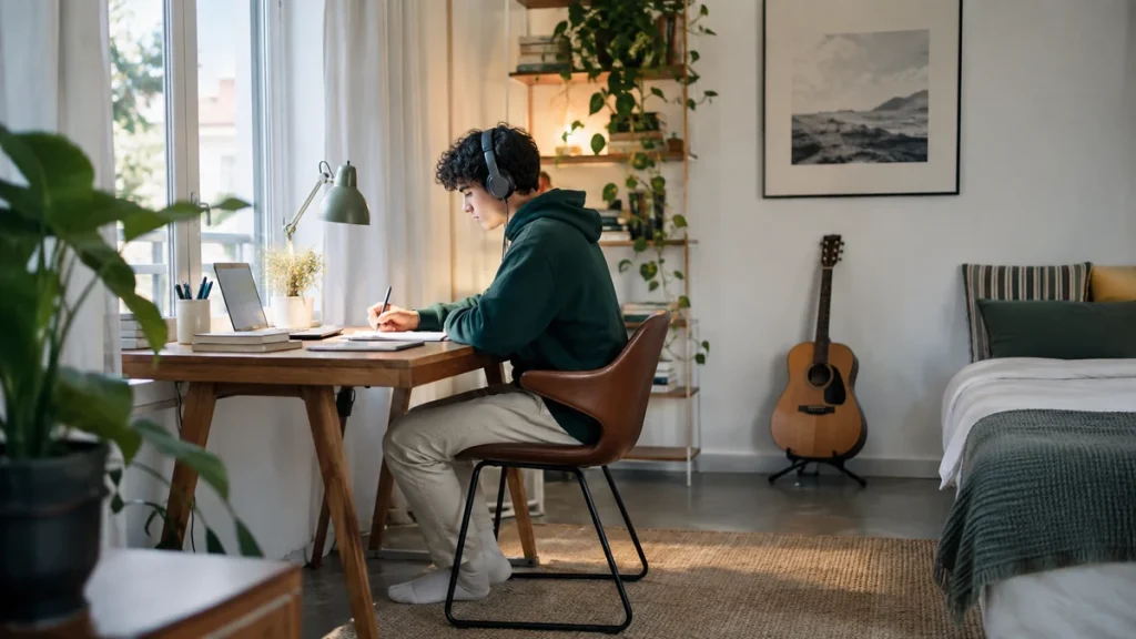 Student wearing headphones and concentrating on notes at a desk near a bright window