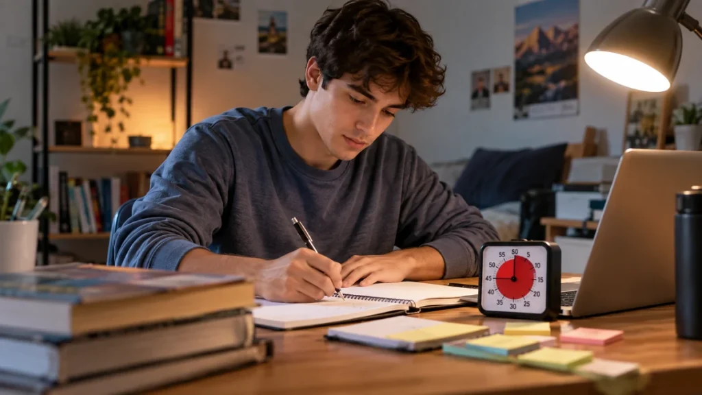Student studying at a desk with notebook, timer, sticky notes, and laptop during a focused session