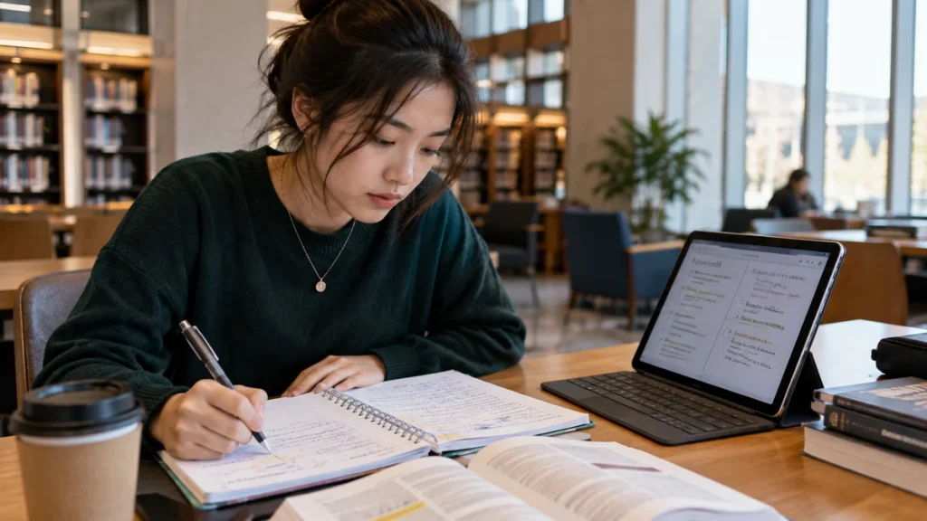 Student writing organized lecture notes in a library with books and a tablet on the desk