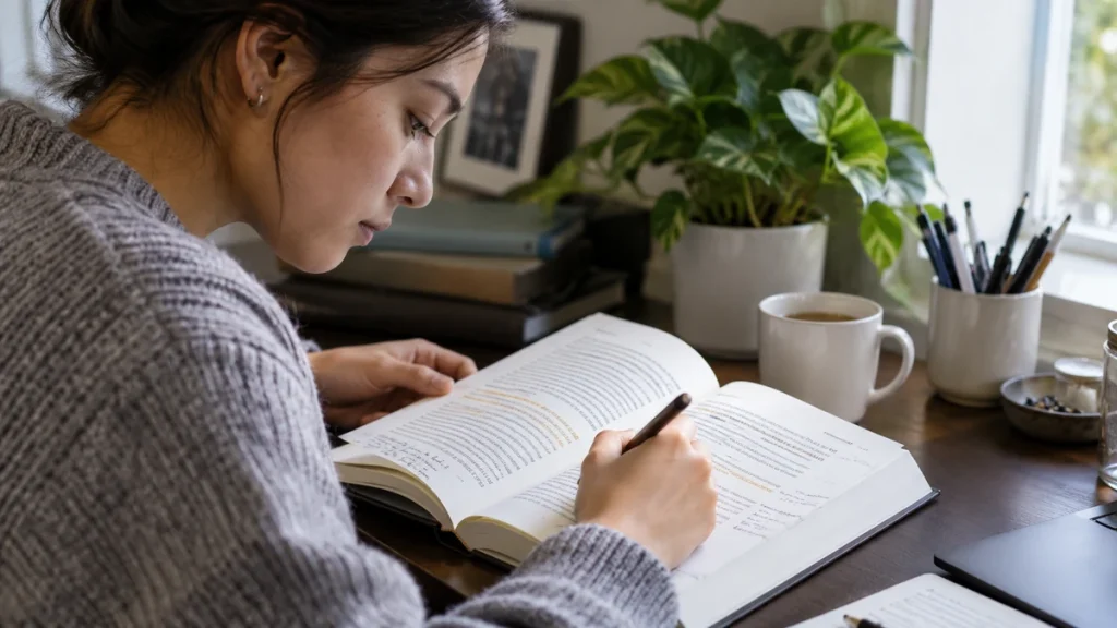 Student reading and annotating an open textbook at a cozy desk by the window