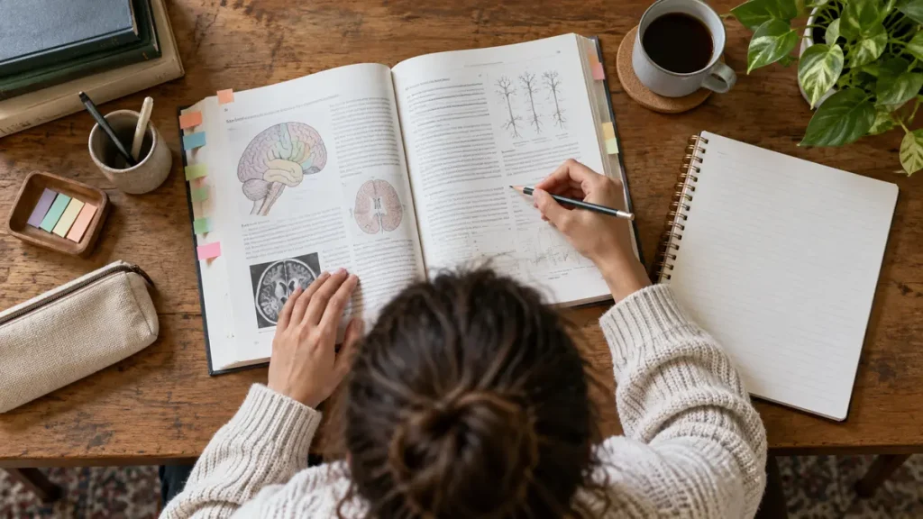 Student annotating an academic textbook from above