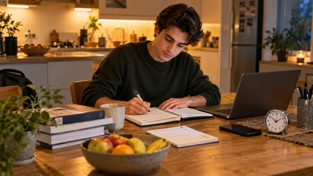 Student studying at a kitchen table with planner and clock