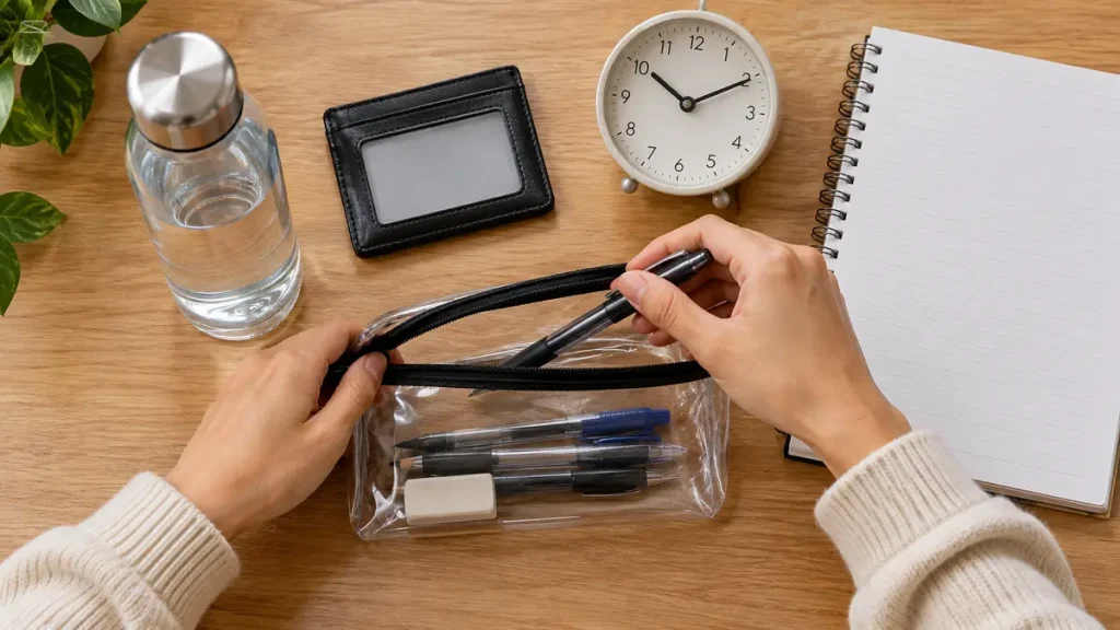 Student packing exam day supplies with pens water and clock