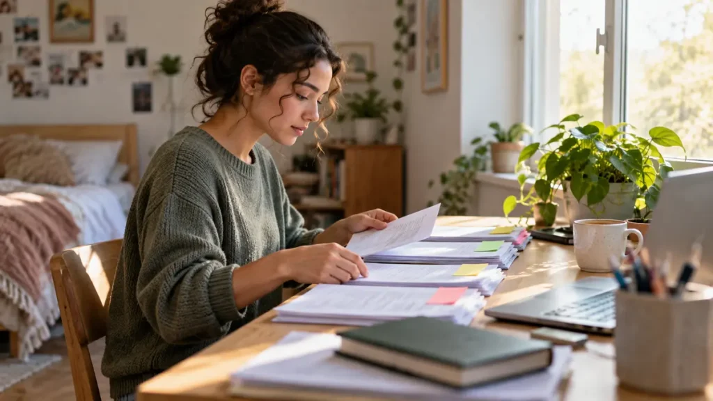 Student sorting overdue coursework into a priority list at home