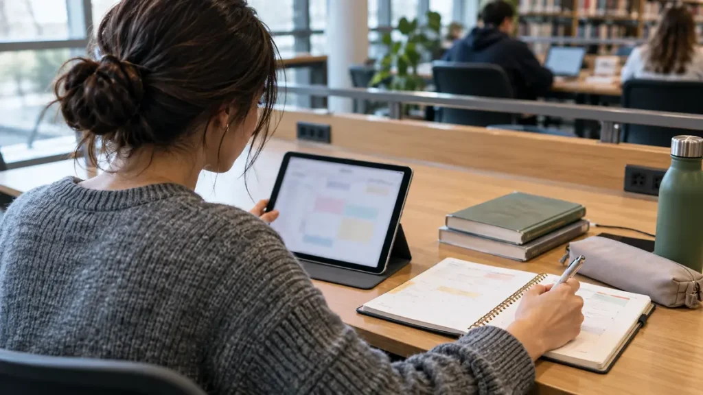 Student comparing a tablet and paper planner at a library desk