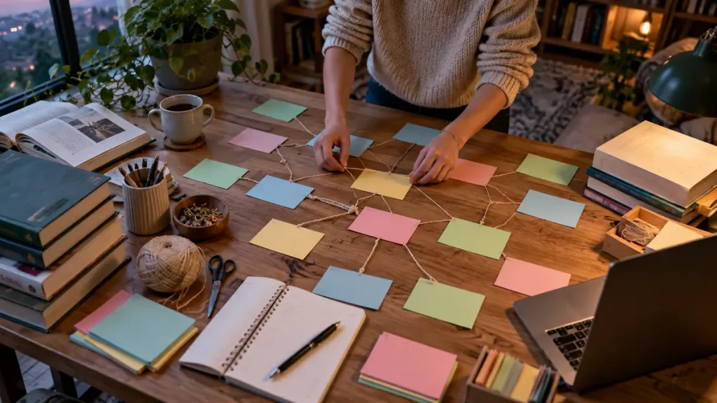 Student building a concept map with cards and string on a table
