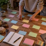 Student building a concept map with cards and string on a table