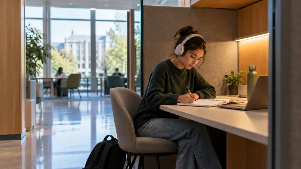 Student working with headphones in a quiet study pod