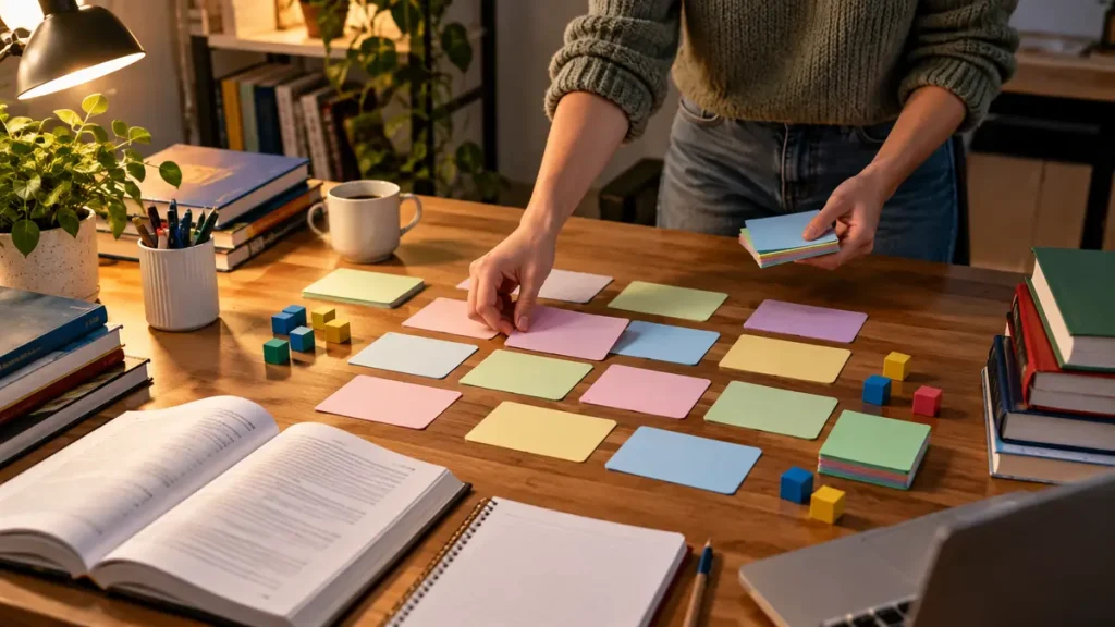 Student arranging coloured revision cards across a table