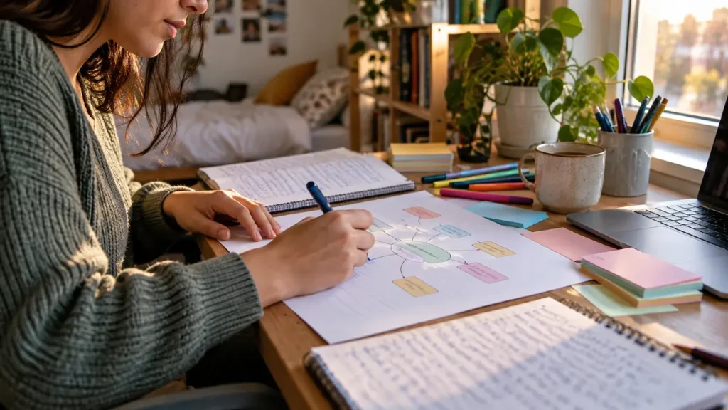 Student organising handwritten notes into a concept map at a desk