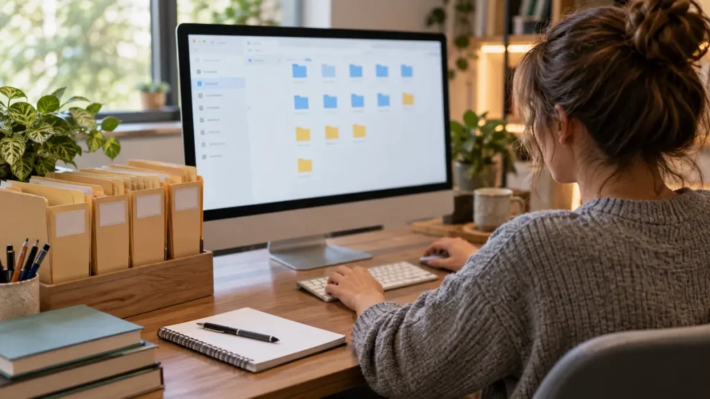 Student organising digital course folders on a desktop computer