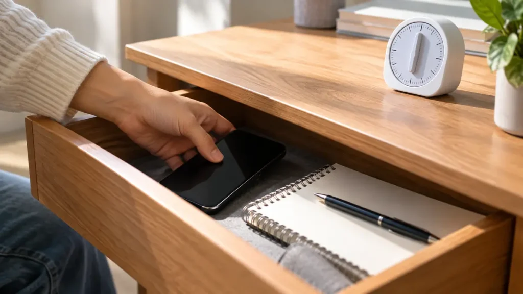 Hand placing a smartphone into a desk drawer before studying