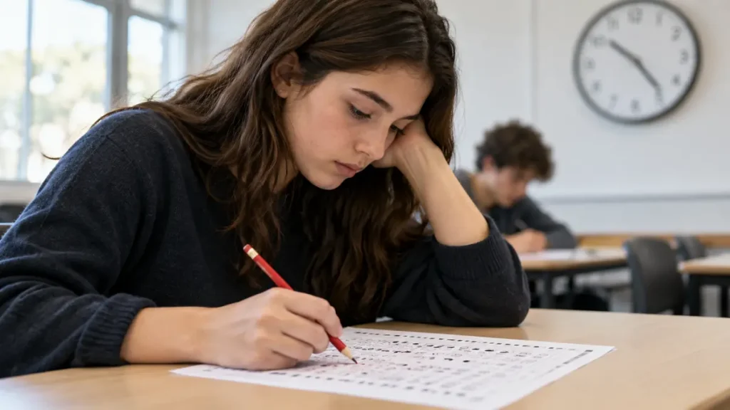 Student reviewing a practice exam with a red pencil in a classroom