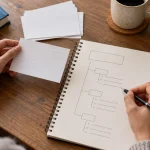 Student planning an essay exam response with cue cards and outline