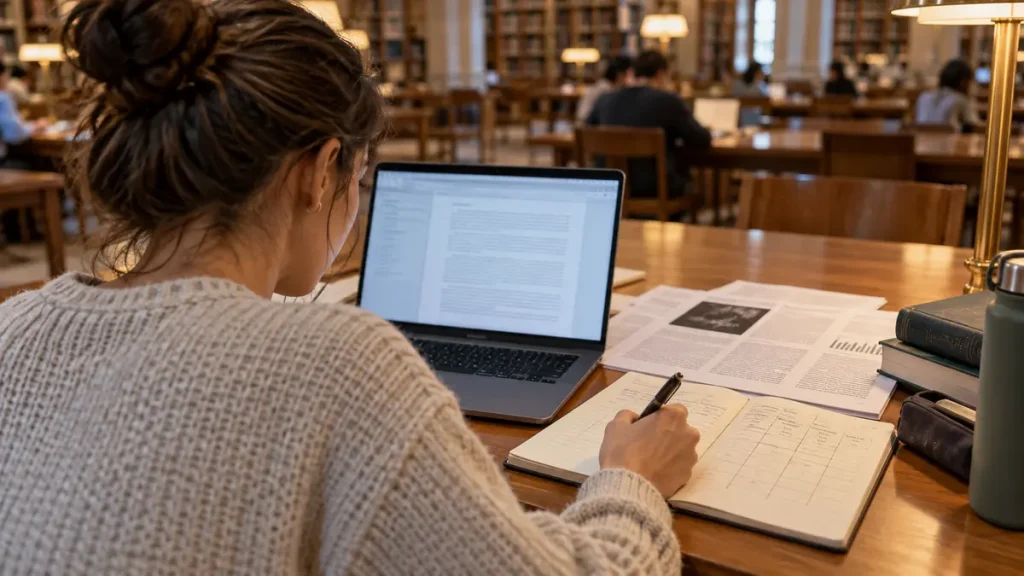 Student reviewing research papers and making evidence notes in a library