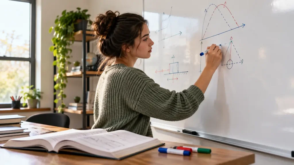 Student applying a science formula on a whiteboard