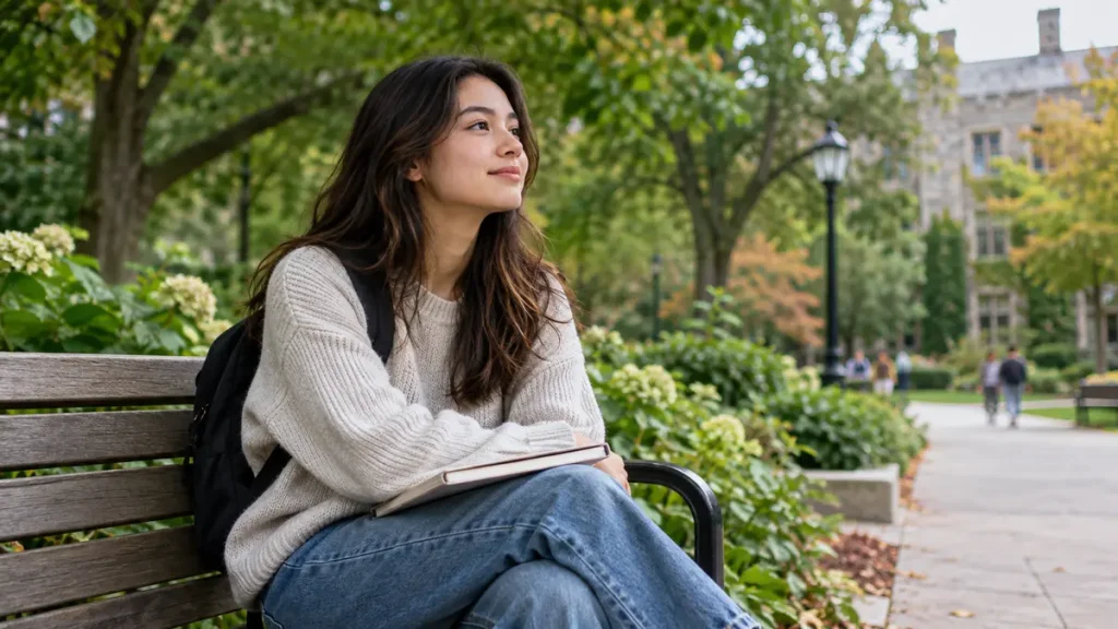 Student taking a quiet study break on a campus bench