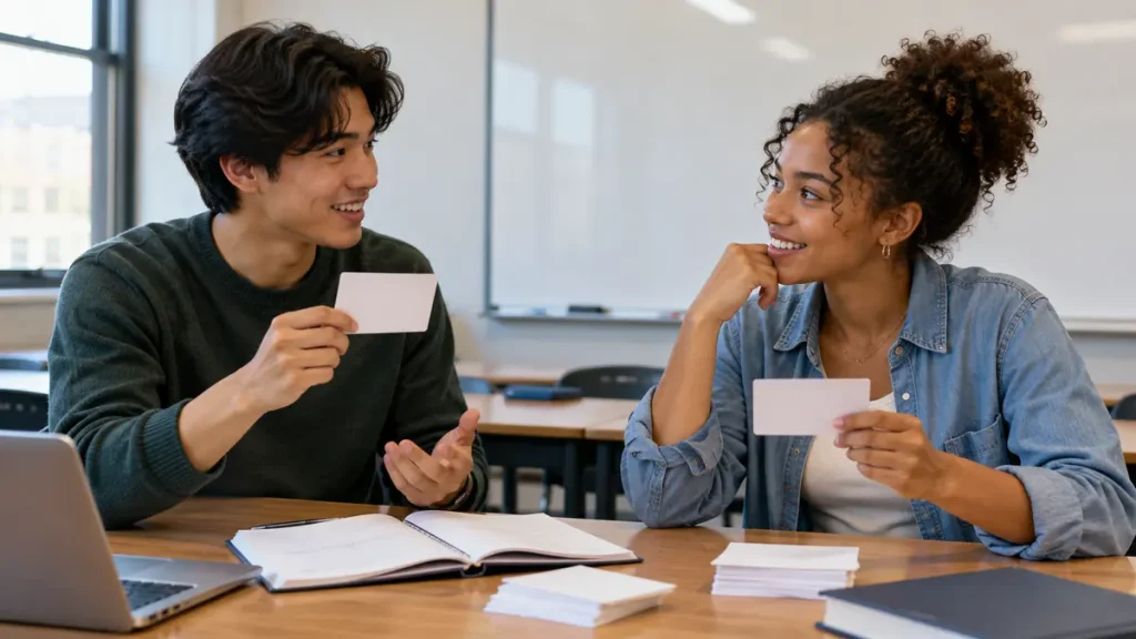 Two students using blank flashcards to quiz each other