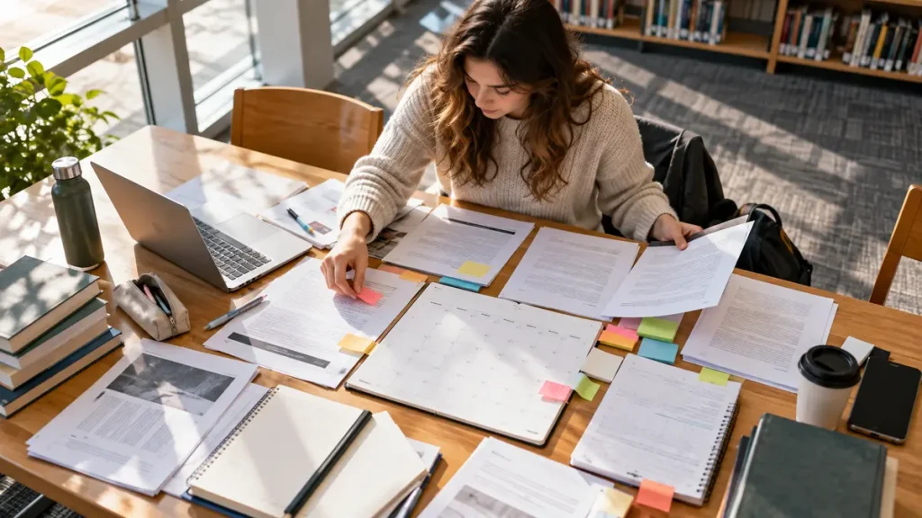 Student planning a semester with course papers and calendar