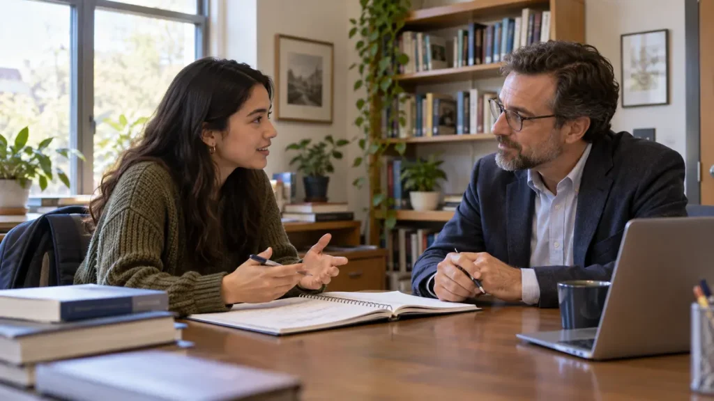 Student discussing coursework with professor during office hours
