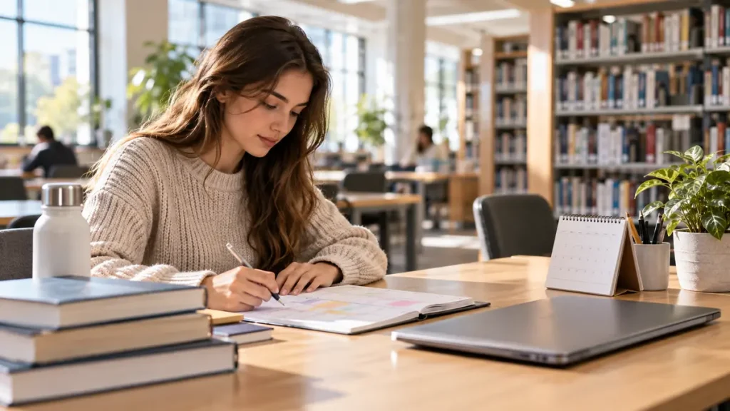 Student reviewing a weekly study plan in a campus library